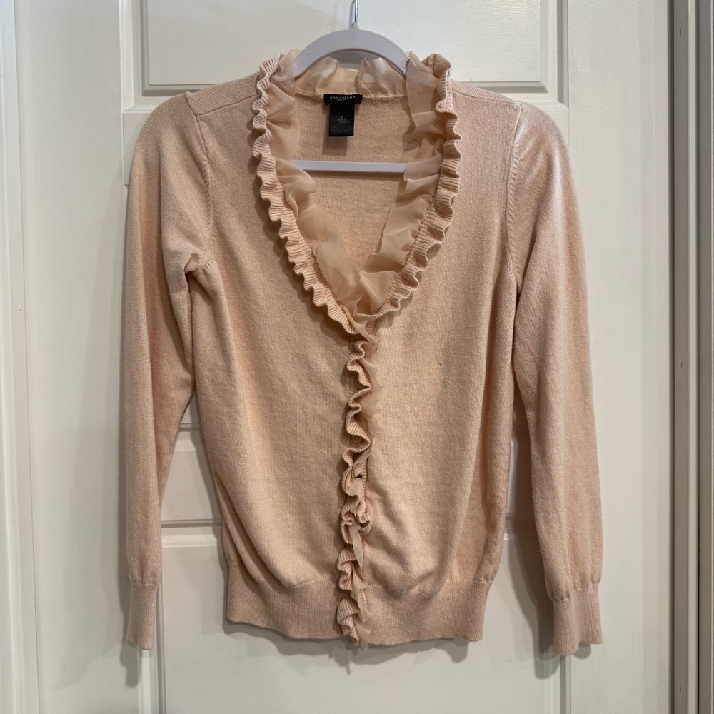 Ann Taylor Ruffle Front Cardigan Sweater Beige Medium EUC